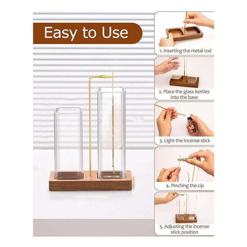 A84E-Glass Incense Holder 2 In 1 With Wooden Base, Ash Catcher& Storage For Home Decor