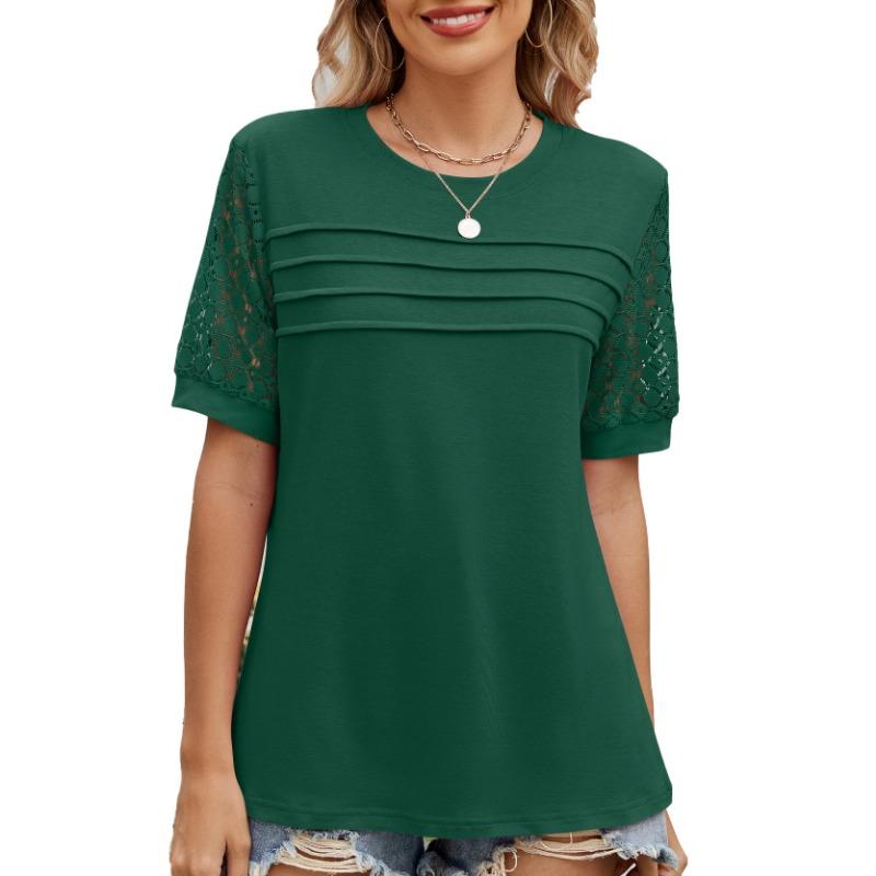 Dámské jarní letní jednobarevné tričko s kulatým výstřihem a strečovými krajkovými rukávy