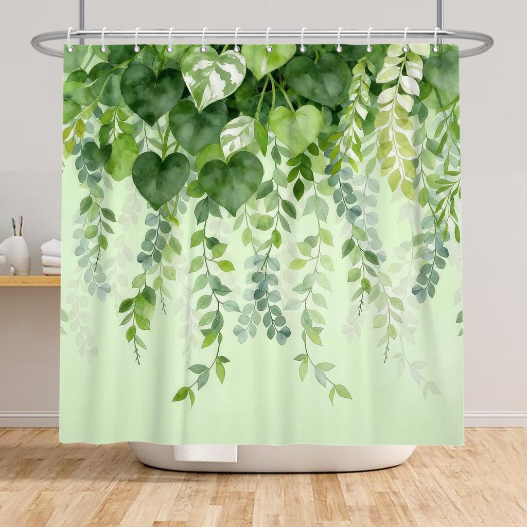 Badezimmer-Duschvorhang mit tropischem Pflanzenmotiv Grüne Blätter Lila Blumen Dekoration Wasserdichter Badezimmervorhang mit Haken
