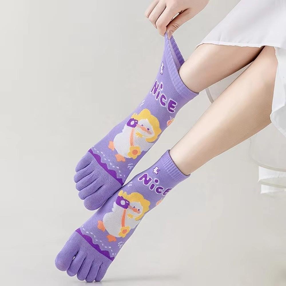 Cotton Five Fingers Women Socks Cartoon Medium Tube Socks Kawaii Split Toe Socks  For Yoga Sports