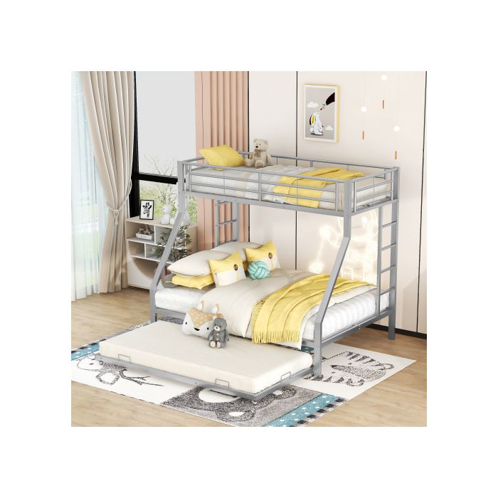 Lit Superposé, Lit En Métal Facile À Assembler Avec Lit Escamotable, 90(140)x200 Cm, Couleur Argentée