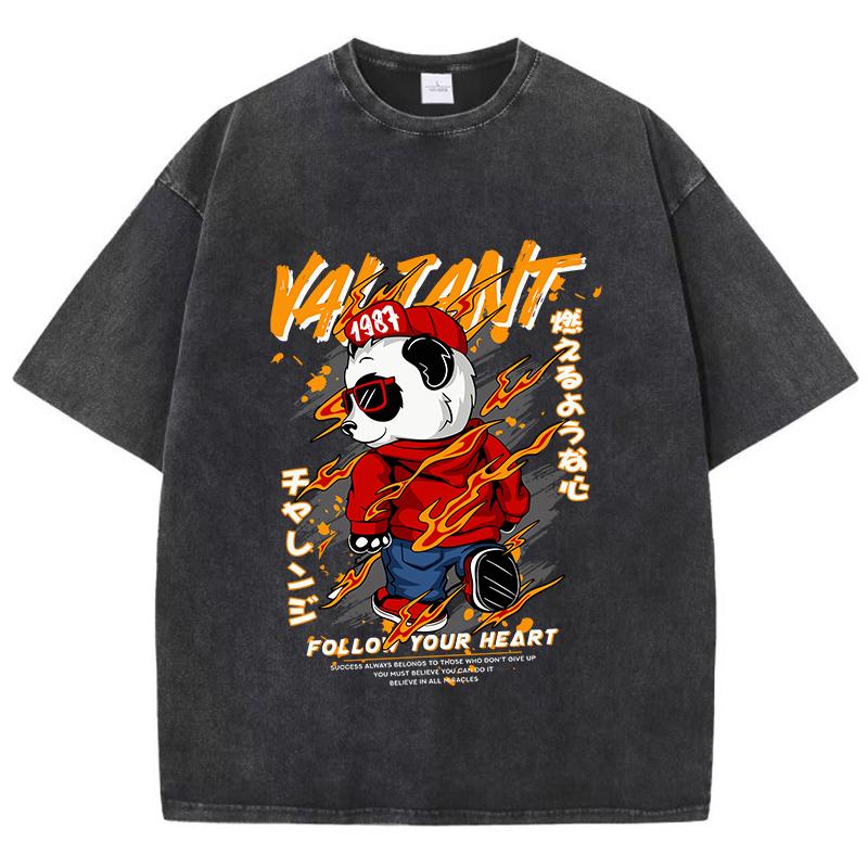 Damen Gewaschene T-Shirts Kung Fu Panda Bedruckte T-Shirts Baumwolle Rundhals Übergröße Tees Vintage Street Damenkleidung