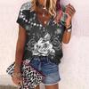 Women's Top Summer New Fashion Rose Flower Gorgeous Flowers Printed Casual Zipper V-neck Short Sleeve Top