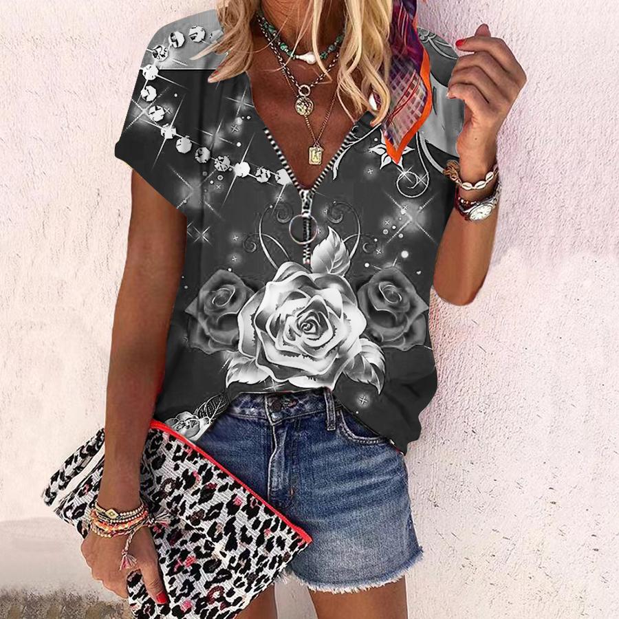 Women's Top Summer New Fashion Rose Flower Gorgeous Flowers Printed Casual Zipper V-neck Short Sleeve Top