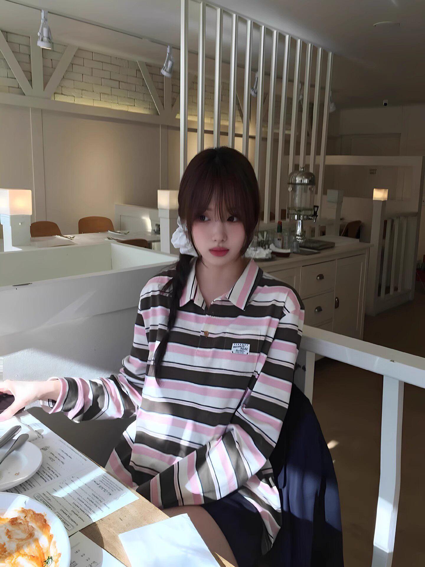 Women s Korean Spring 2026 Striped Polo Long Sleeve Casual Top One Size розовый