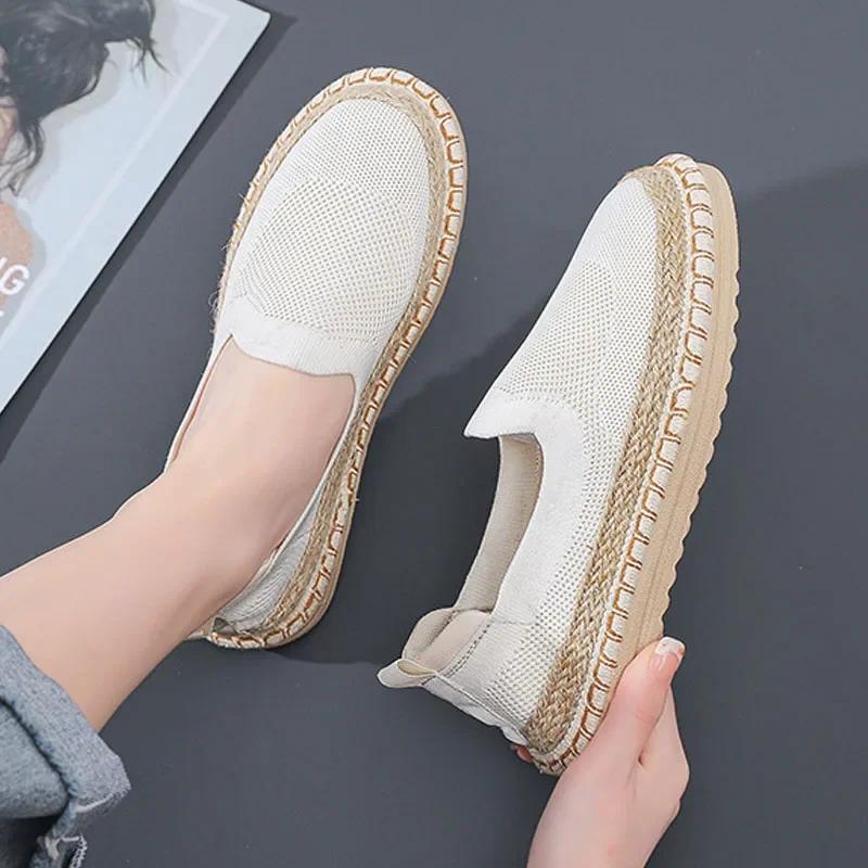 New Espadrilles Women Shoes Linen Flats Fashion Knitted Mesh Fabric Hemp Loafers Slip On Casual Cloth Sneakers Comfortable