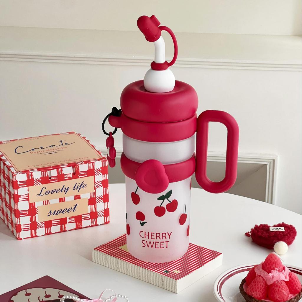

Tritan Large Capacity Cartoon Mug With Straw For Home Office Use Cherry Red