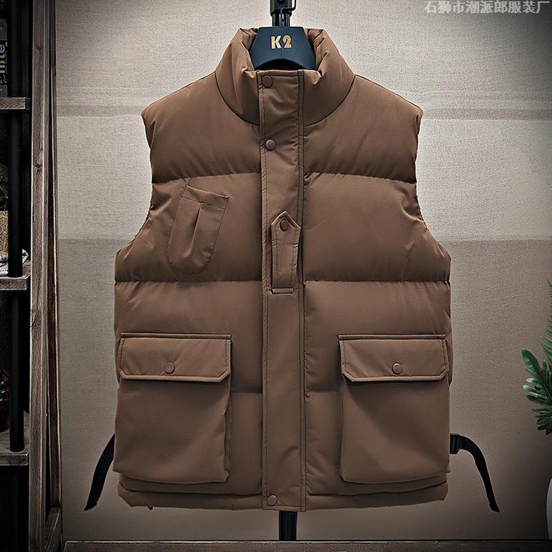 New Stand-up Collar Vest Men's Autumn and Winter Cold and Warm Trendy Brand Cotton Vest Thickened Tooling Jacket