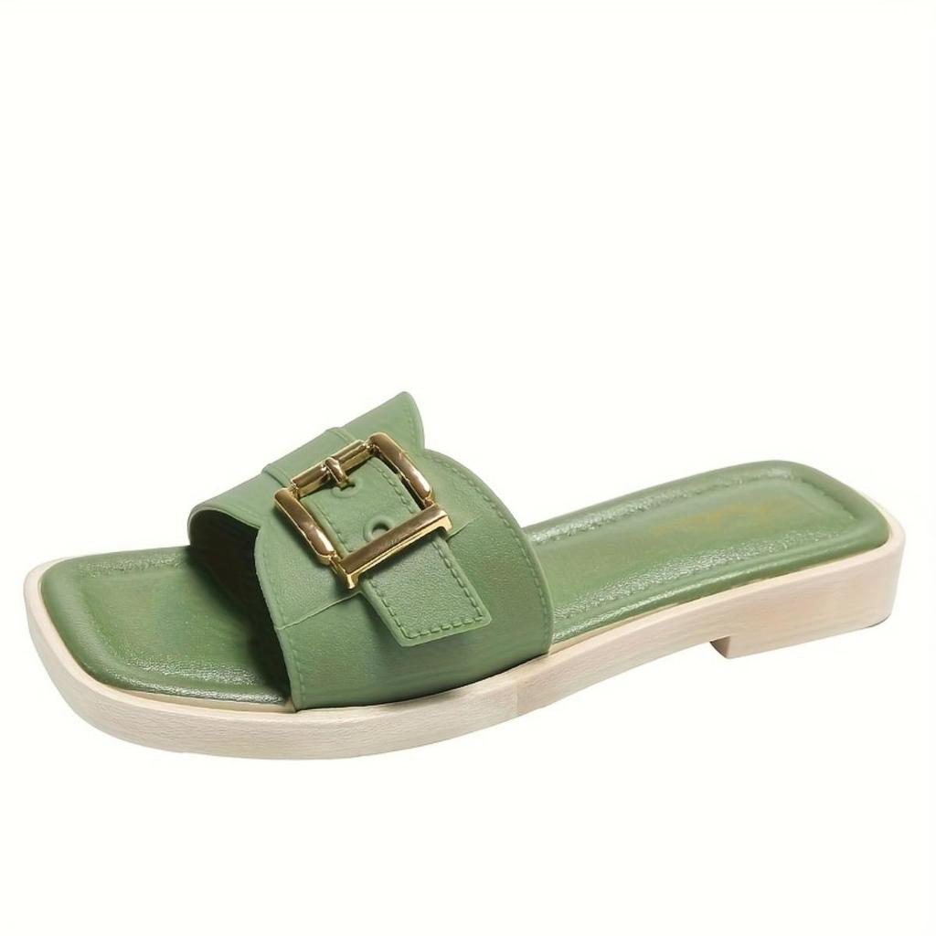 Ladies' Summer Non Slip Beach Sandals with Square Buckle Closure - One Foot Open Toe Casual Shoes, PVC Upper and Synthetic Covered Insole