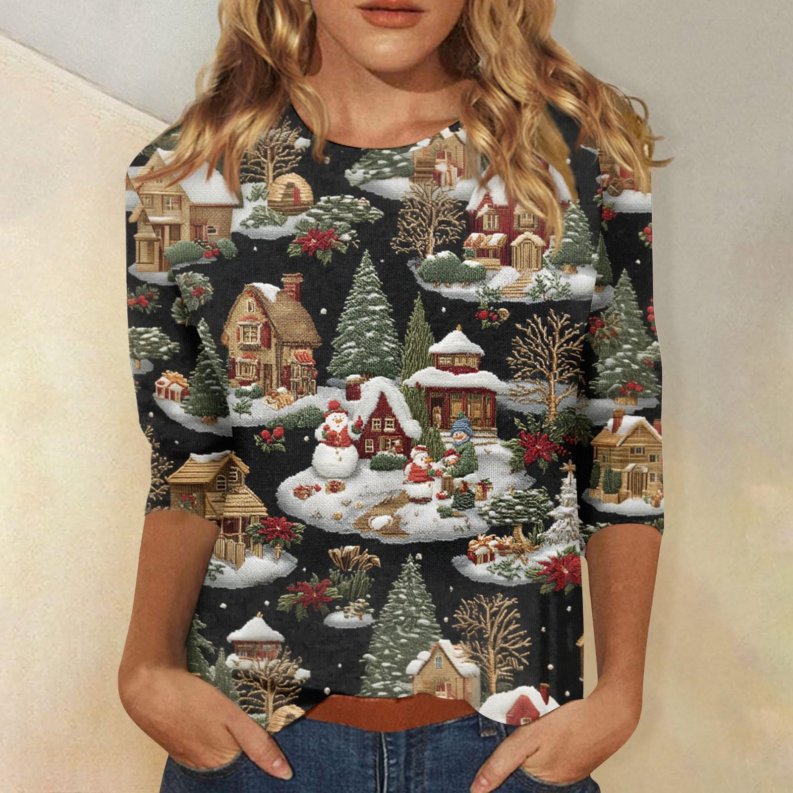 

Женские топы Рубашка с рукавом три четверти V-образный вырез Свободная повседневная рубашка Футболка с принтом S тёмно-синий