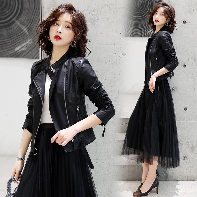 Leather jacket women's short coat spring and autumn new velvet thickened slim fit small leather jacket top