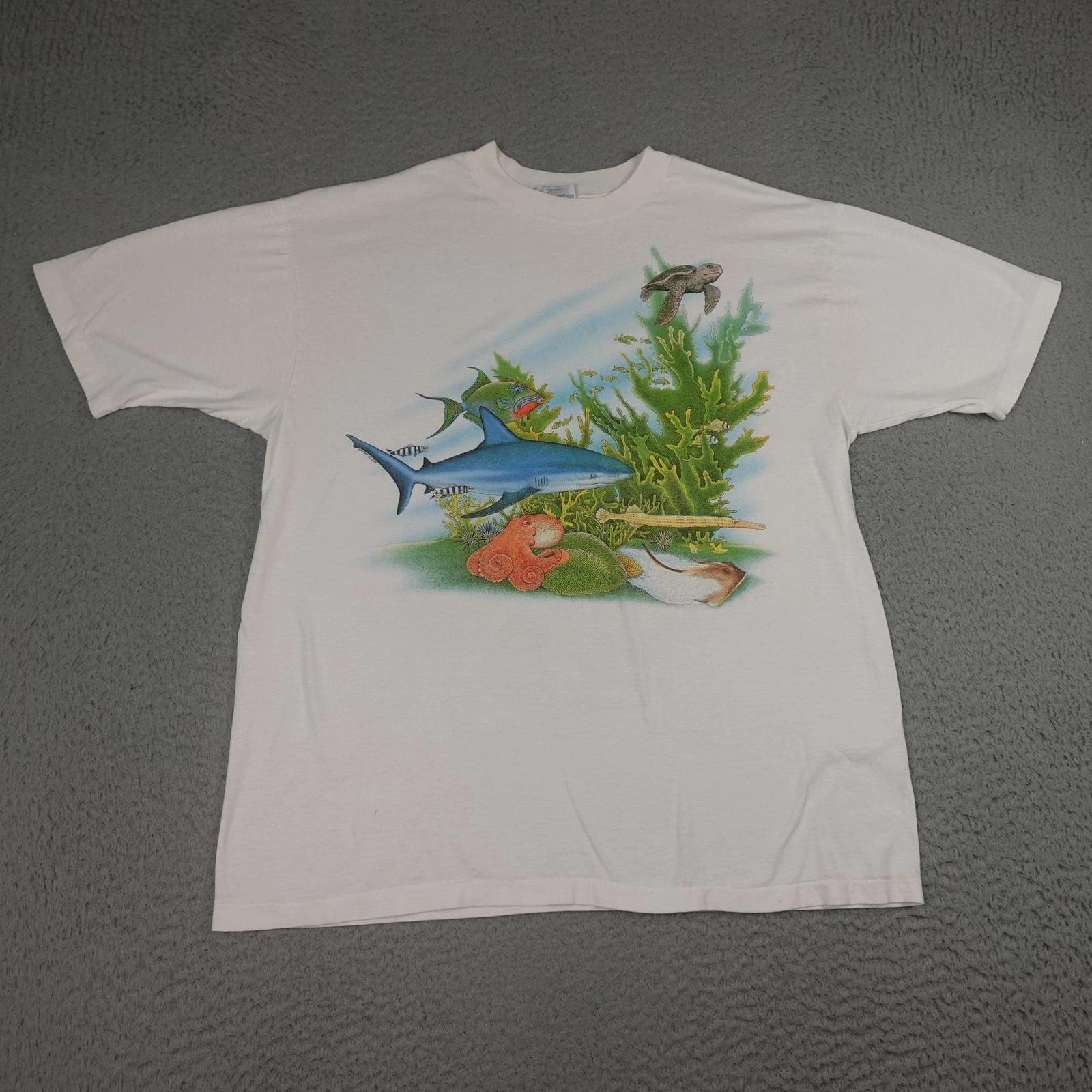 Vintage Ocean Shirt Mens Large White Tropical Fish Double Sided Graphic Tee 80s XL