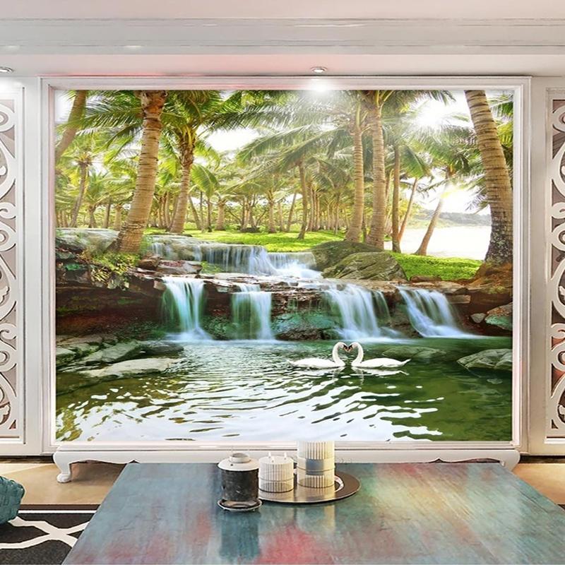 Wallpaper 3D Coconut Forest Waterfalls Wall Murals Living Room Bedroom TV Sofa Background Wall Sticker Home Decor
