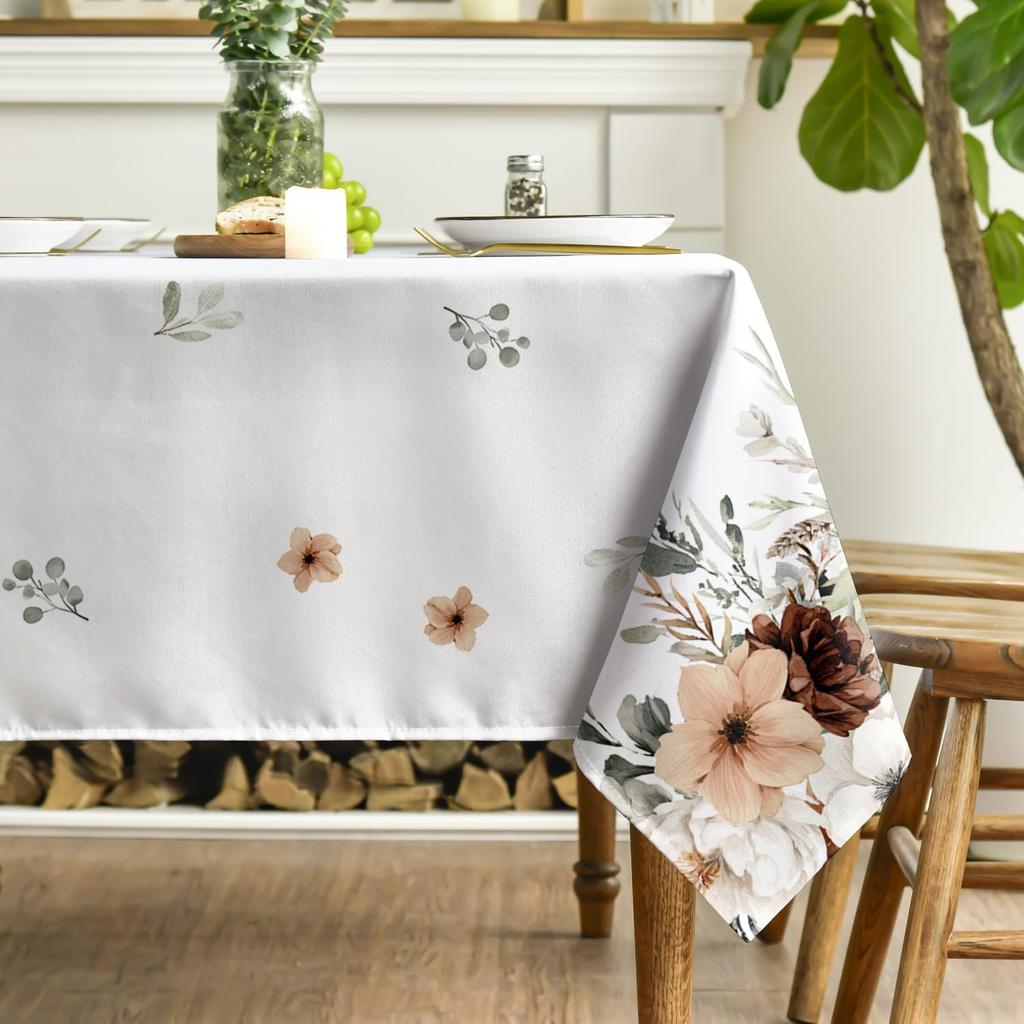 Horaldaily Spring Tablecloth 60×84 Inch Rectangular, Boho Naturalistic Style Brown Flower Washable Seasonal Table Cover for Party Picnic Dinner