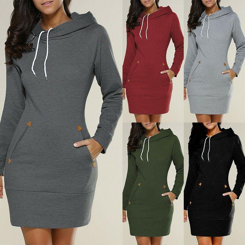 Womens Hooded Mini Dress Casual Long Sleeve Sweatshirt Jumper Slim Fit With Pockets
