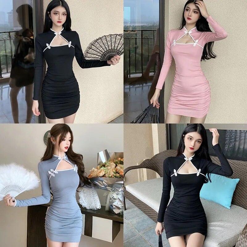 Damekontrastfarge Hollow Out Langermet Cheongsam-kjole