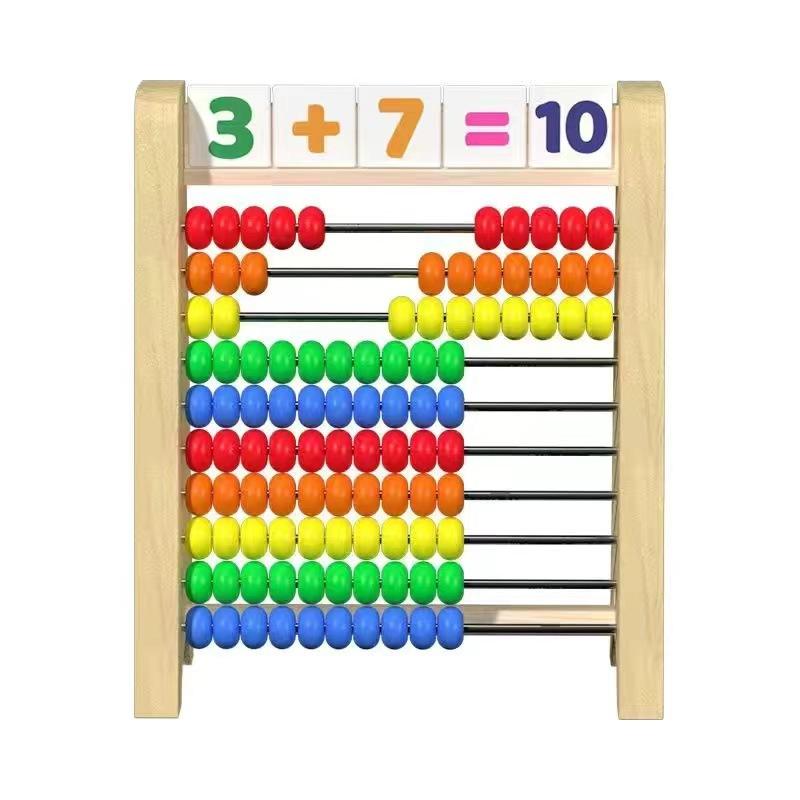 Classic Wooden Educational Math 10-Row Counting Toy 100 Beads with Counting Sticks Number Alphabet Card Preschool Math Learning