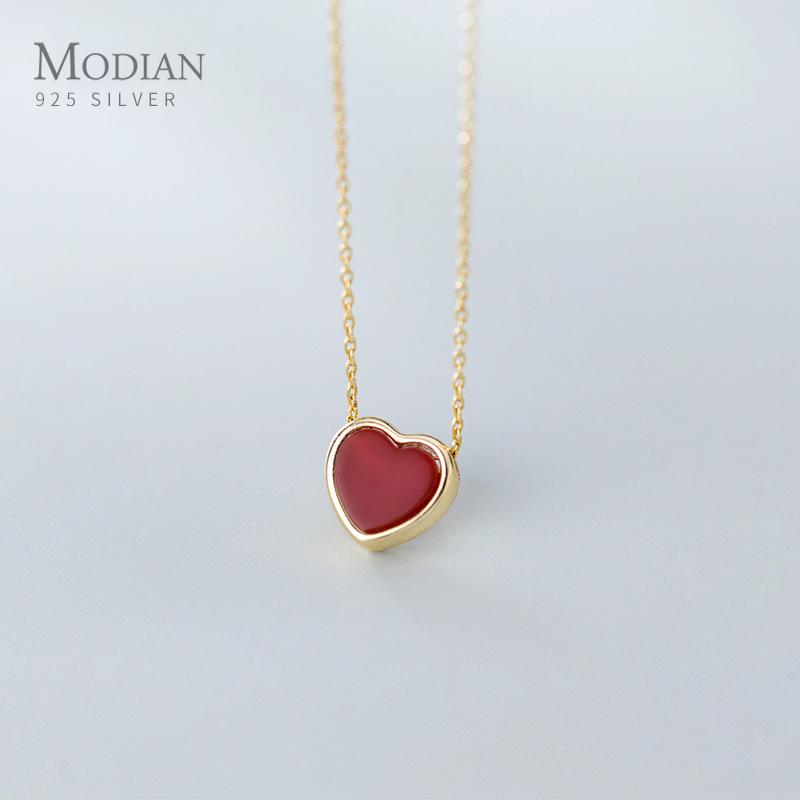 Modian New Arrive 925 Sterling Silver Red Lovely Hearts Pendant Necklace for Women Gold Color Necklace Fine Jewelry Accessories