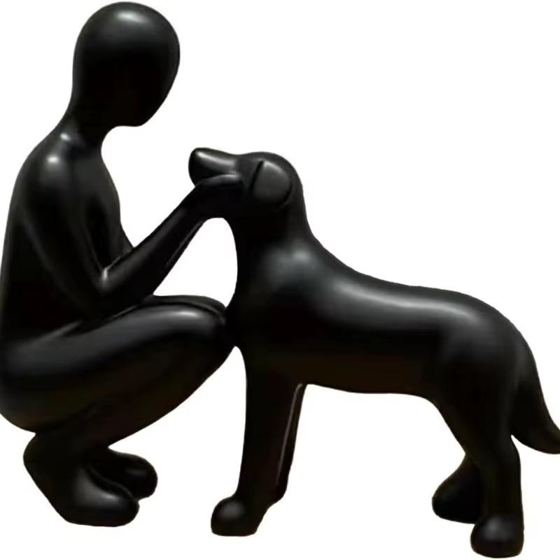 Black Resin Cute Puppy and Owner Statue Desktop Ornaments Modern Minimalist Artistic Style Creative Sculpture Crafts Home Decor