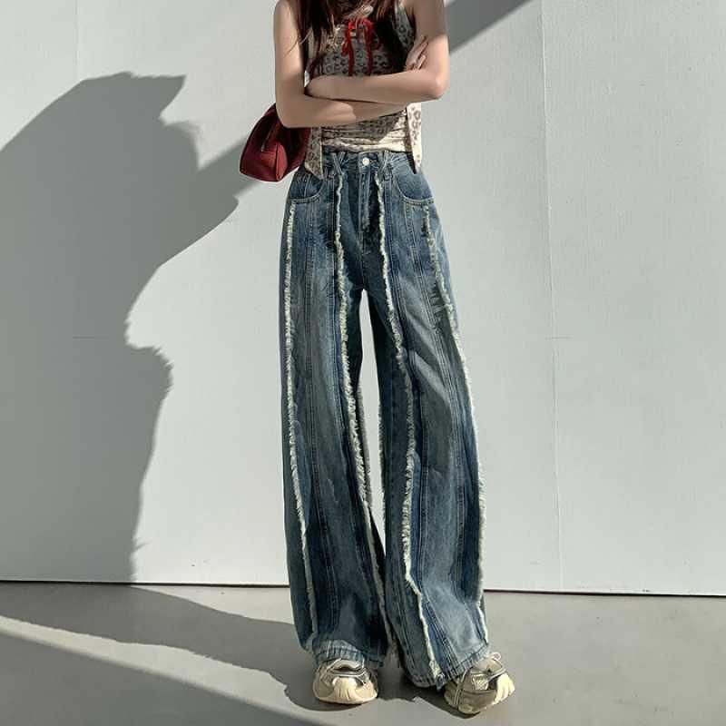 Vintage Washed Patchwork Wide-Leg Straight Jeans for Women Large