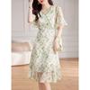 Women's Green Floral Print Chiffon Dress V Neck Ruffle Sleeve Double Layer Hem Casual Midi Dress