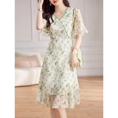 Dames Groene Bloemige Print Chiffon Jurk V-hals Ruchemouw Dubbele Laag Zoom Casual Midi Jurk