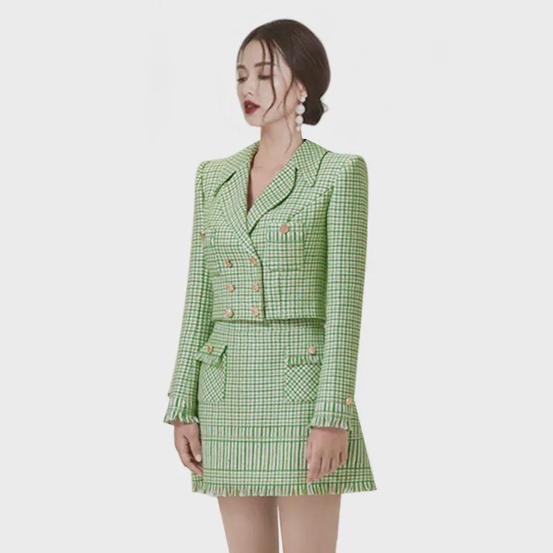 2024 Autumn/Winter Plaid Double-Breasted Short Top & A-Line Tassel Skirt Set