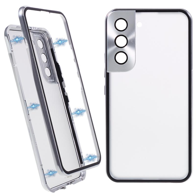

For Samsung Galaxy S22 5G Double Sided Tempered Glass Phone Case Secure Lock Magnetic Metal Frame Clear Cover Silver