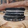 Bohemian style, hand-woven leather cord bracelet with natural black agate - vintage five-layer design, suitable for everyday wear and vacations.