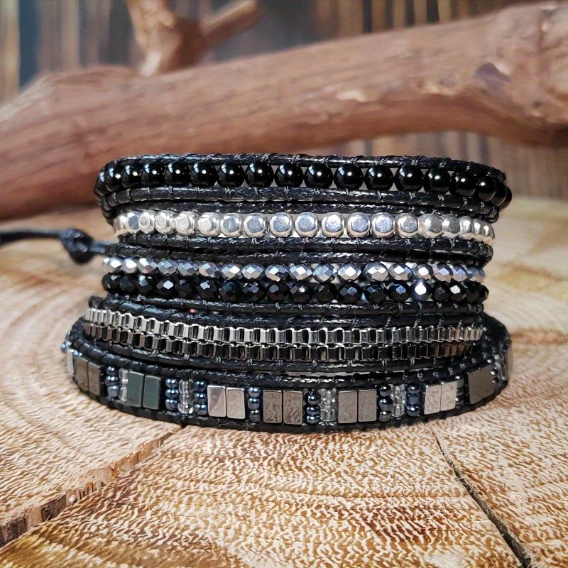 Bohemian style, hand-woven leather cord bracelet with natural black agate - vintage five-layer design, suitable for everyday wear and vacations.