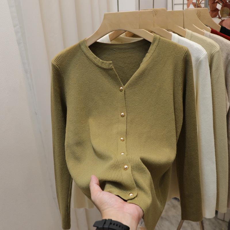 Knitted long-sleeved cardigan sweater jacket women's new autumn solid color women's temperament knitted sweater top