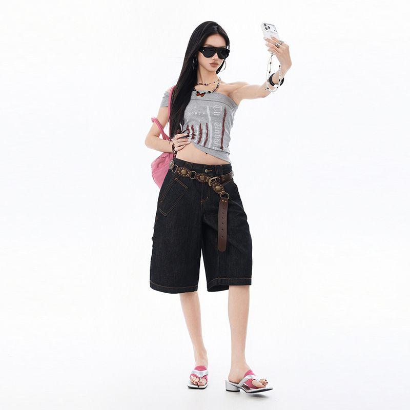 Trendy Summer Niche High Street Designer Slimming Loose Wide Leg Cropped Capri Denim Pants For Women Versatile Loose Straight Streetwear