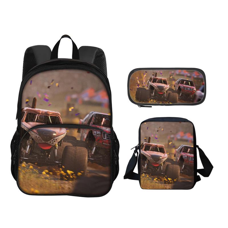 Monster Jam Round Front Bag Backpack Pen Bag Shoulder Bag 3Pcs Set Cartoon Print Student's Best Campus Companion Birthday Gift