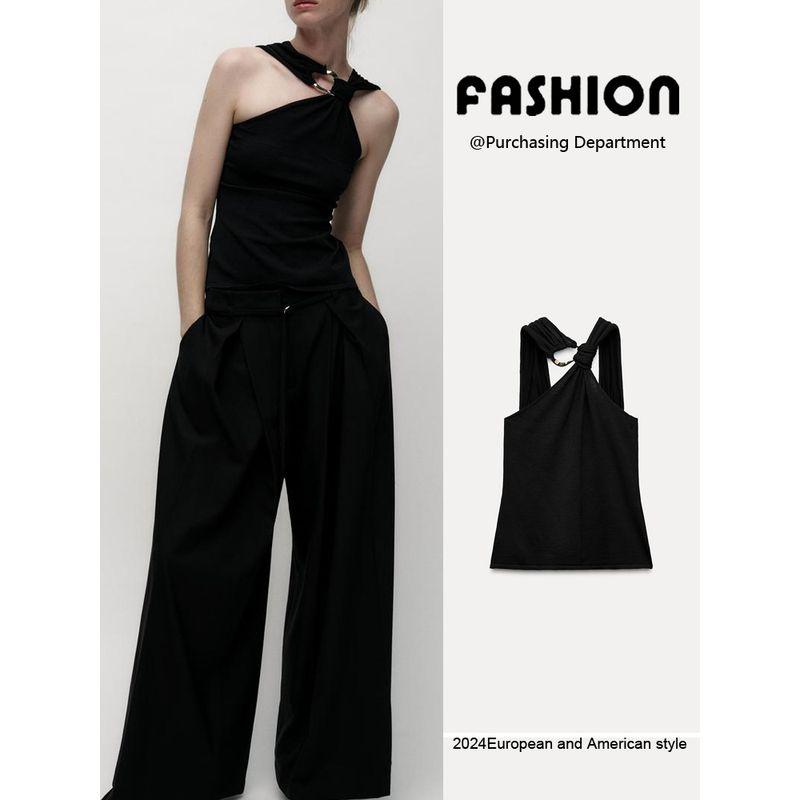 Za2025 Spring New Women's Clothing Special-Interest Design Halter Gold Inlay Sleeveless Cold-Shoulder Slim Fit Slimming Top
