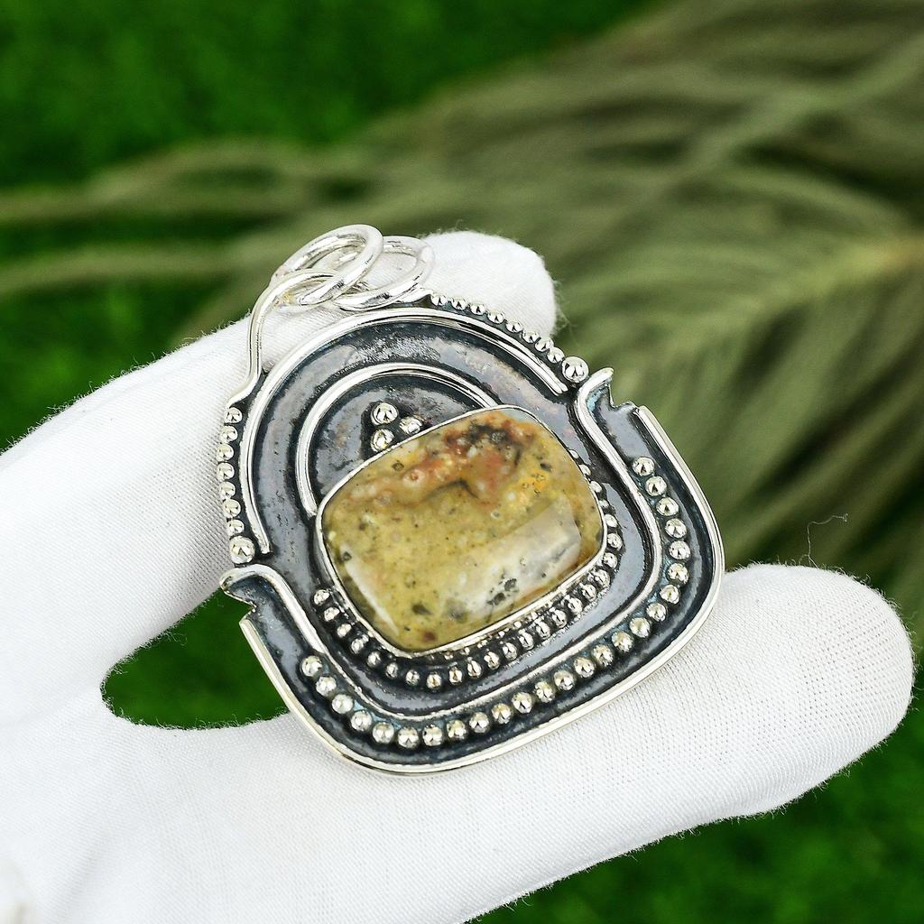 Sterling Silver Radiant Ocean Jasper Gemstone Bezel Engagement Pendant Jewelry