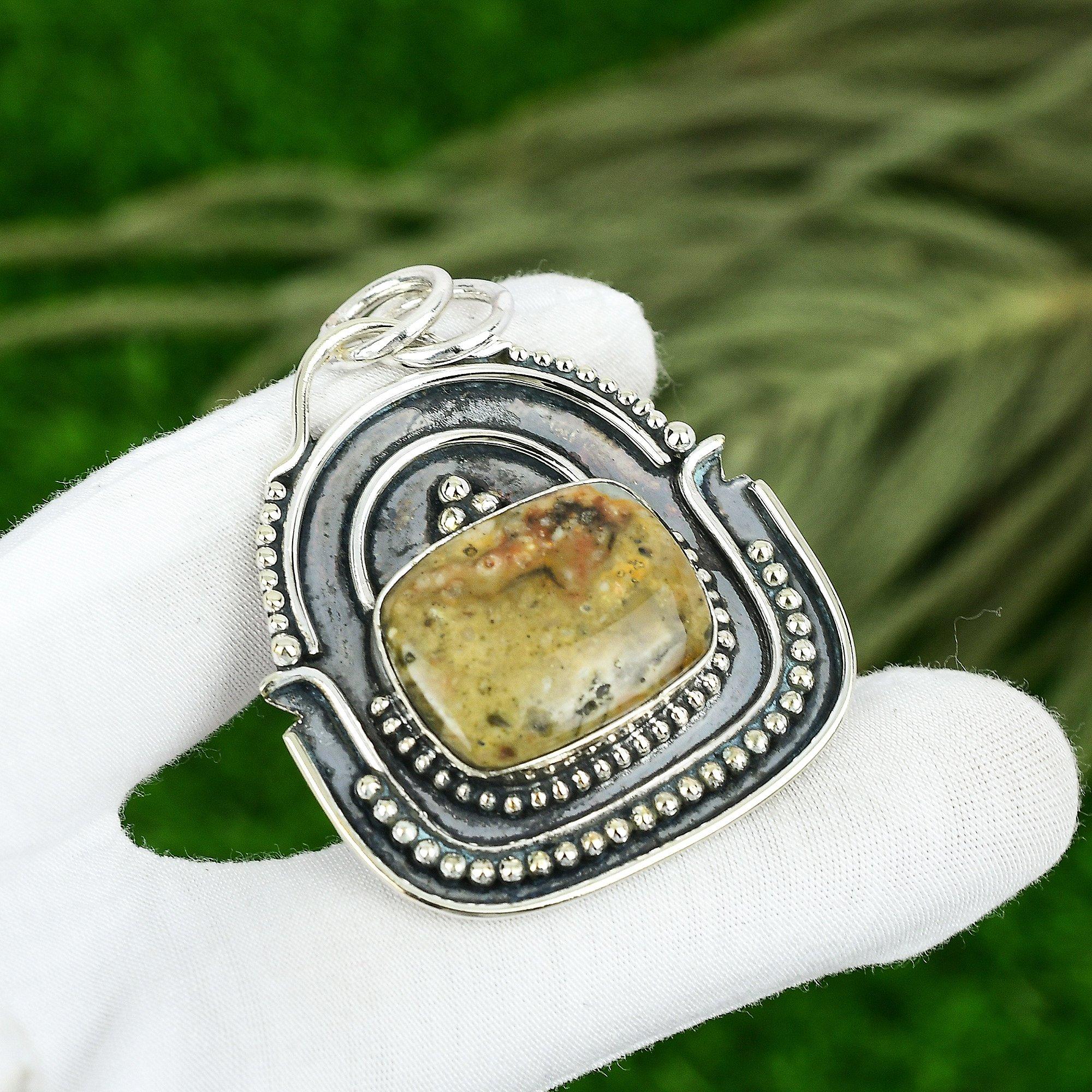 

Sterling Silver Radiant Ocean Jasper Gemstone Bezel Engagement Pendant Jewelry