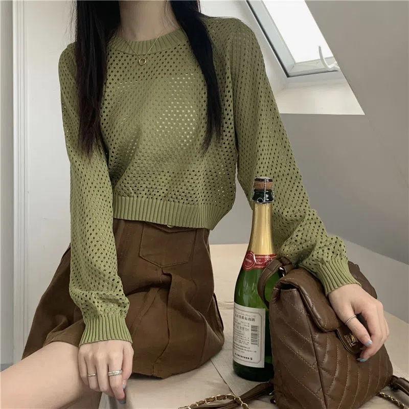 

Кардиган трикотажный женский летний с длинным рукавом, тонкий, с ажурной вязкой, для защиты от солнца, нишевый дизайн, свободного кроя, для кондиционированного воздуха, короткий топ one size зелёный