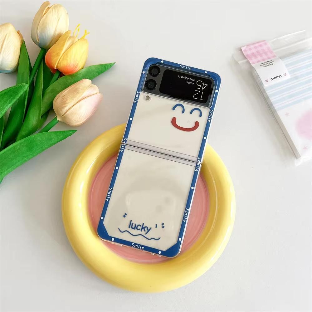 Korean Cute Happy Pattern Phone Case For Samsung Galaxy Z Flip 6 5 3 4 Transparent Hard Folding Fundas Shockproof