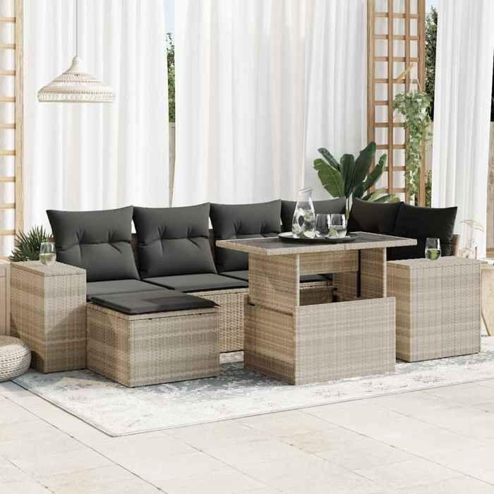 VidaXL Garden Lounge Set with Cushions 7 Pcs Light Grey Wicker, Outdoor Sofa Set, Garden Furniture, 3326833