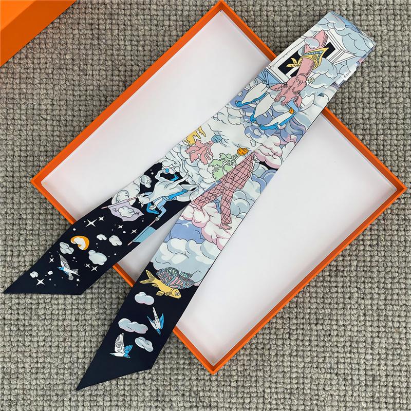 POBING Wheel Print 18m/m Twill Silk Scarves Women Luxury Brand Scarf Bag Ribbons Tie Head Scarf Small Long Skinny Scarf 86*5CM