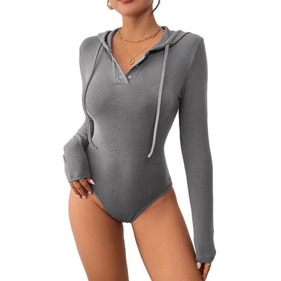 

Bodysuit for Women Sexy Slim Fitted Long Sleeve Hoodies Tops V-Neck Pullover Casual Ribbed Hooded Shirts S серый
