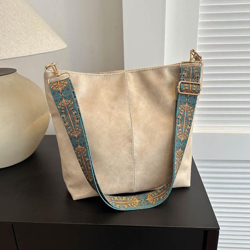 Wide Geometric Strap Shoulder Bag Large Capacity Crossbody Bags For Women Retro Pu Leather Women's Bag For Shopping Travel