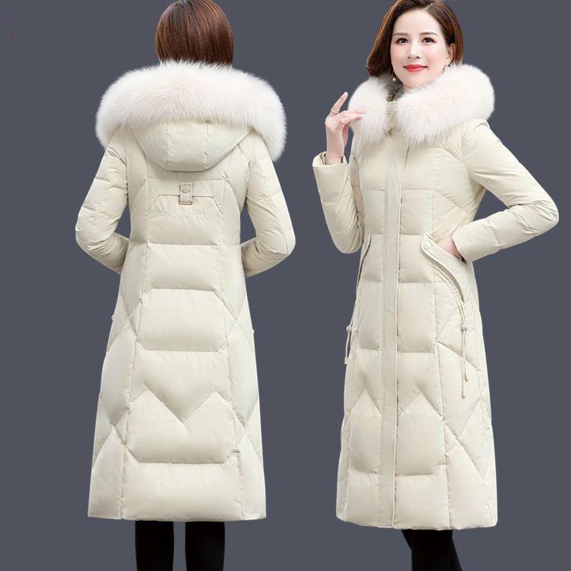 

New Style White Duck Down Jacket for Women, Long Over-the-knee Thickened Slim-fitting Large Fur Collar Solid Color Coat M