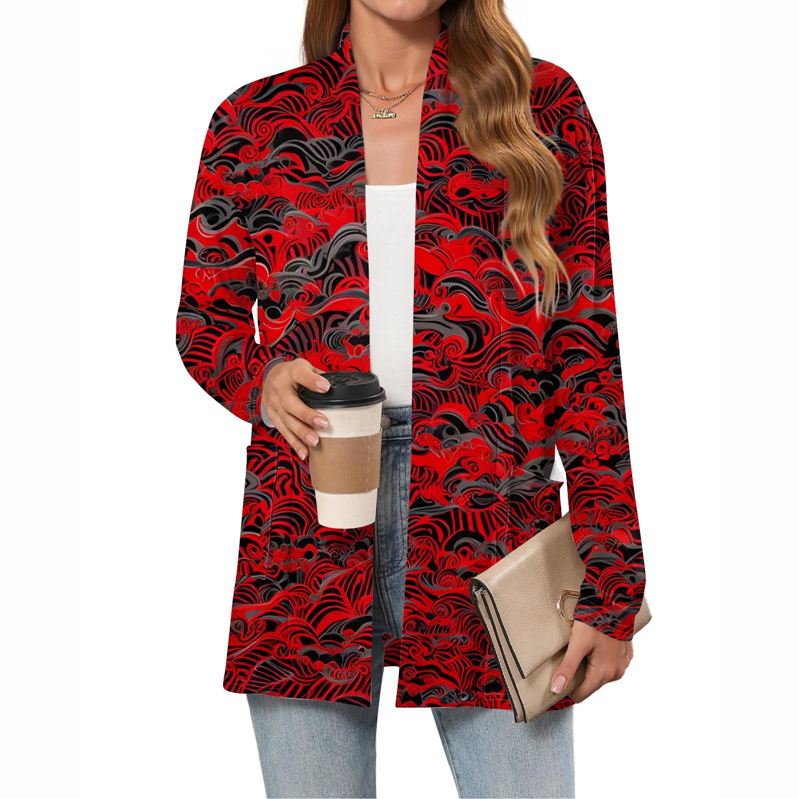 

Женские легкие кардиганы с открытой передней частью, с длинными рукавами, повседневные, свободные, тонкие кардиганы с карманами XXL красный