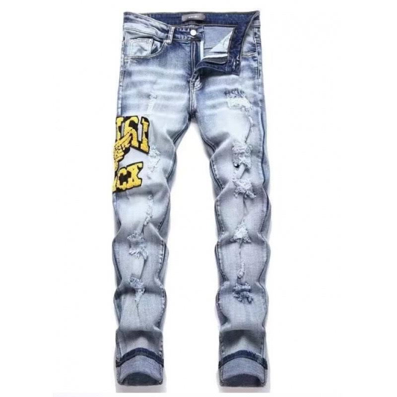 Punk Retro Blue Ripped Slim Fit Printed Men's Jeans