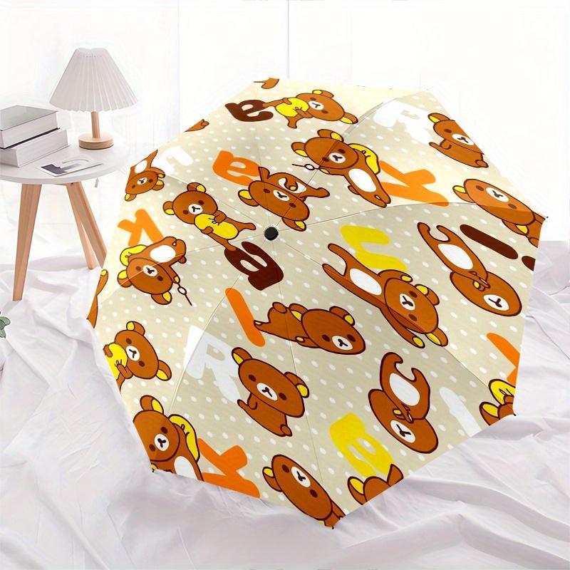 Bear Pattern Automatic Folding Umbrella Simple 8 Rib Design, Bright Cartoon Pattern, Durable Iron Frame, Suitable For Travel, Outdoor, Beach