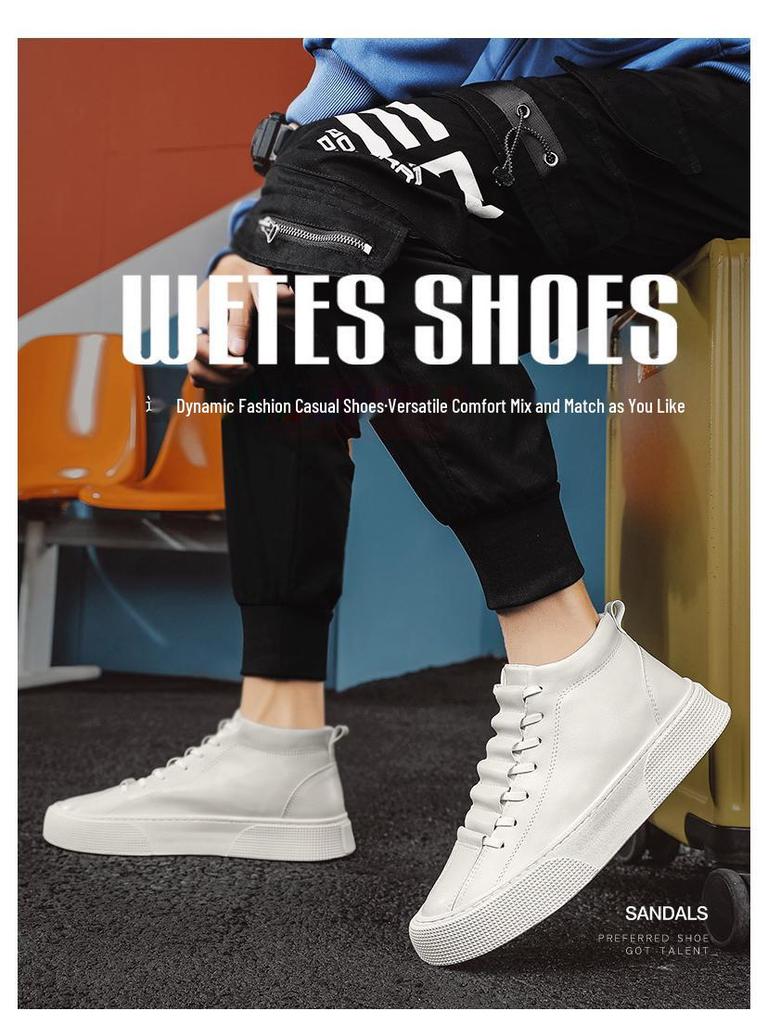 Men's Spring High-Top Casual White Slip-On Skate Shoes - Trendy, Versatile, and Wear-Resistant.