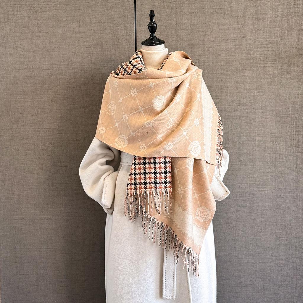 Elegant Houndstooth Scarf Imitation Cashmere Soft Warm Versatile Shawl Coldproof Windproof Blanket Scarf Two Sides Autumn Winter