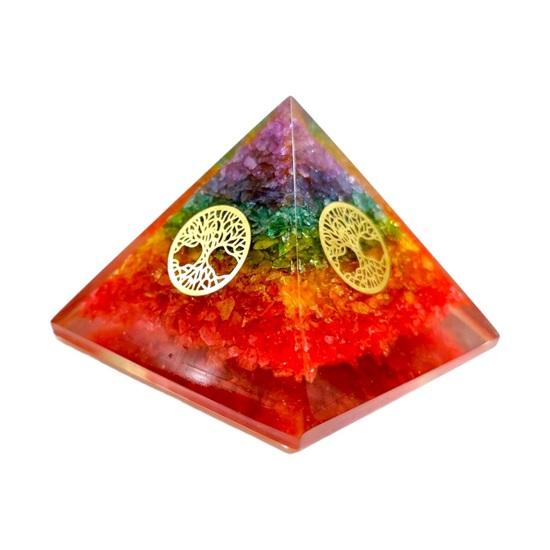 Crystal Pyramid of Seven Chakras with Four Sided Tree of Life Symbol for Reiki Healing, Balancing Chakra