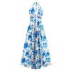 Casual Halter Sleeveless Sexy Dress Blue V-neck Lace-up Beach Dress Summer Flower Printed Long Slit Dress Women Clothing 25231